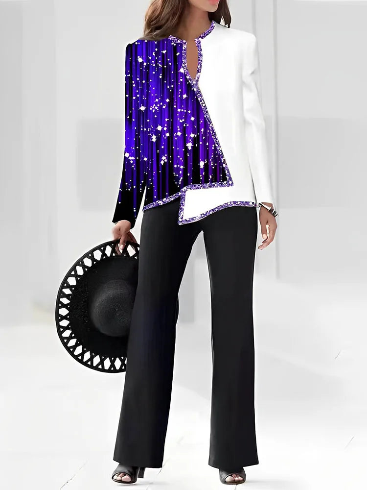 Glitter Colorblock Long Sleeve Top + Wide Leg Long Pants Suit