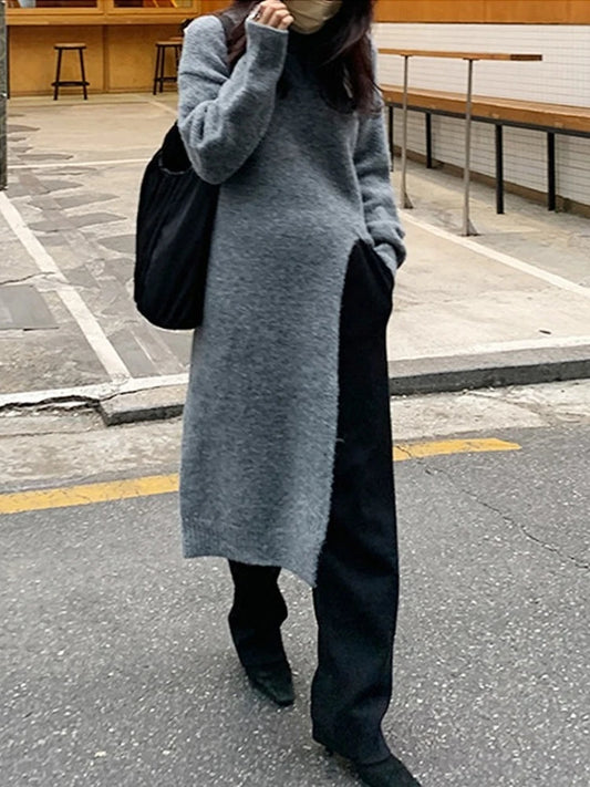 Oversized Wool Solid Color Knitted Long Sleeve High Slit Maxi Sweater Dress