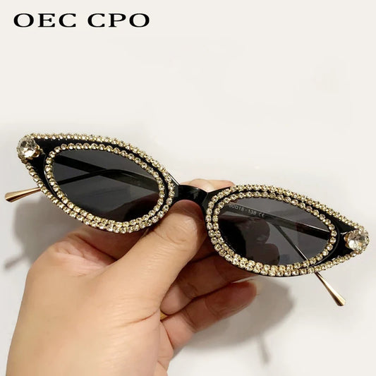 Vintage Rhinestone Cat-Eye Oval Small Frame Bling Diamond  UV400 Women's Sunglasses