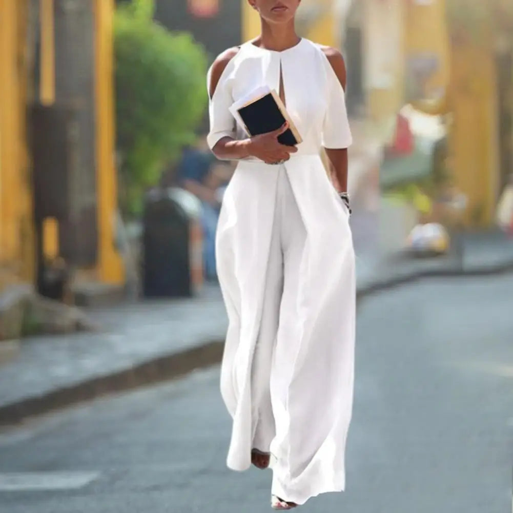 Open Slit Cold Shoulder Layered 1/2 Sleeve Hollow-Out Solid Color Women's Wide Leg Formal Party Jumpsuit