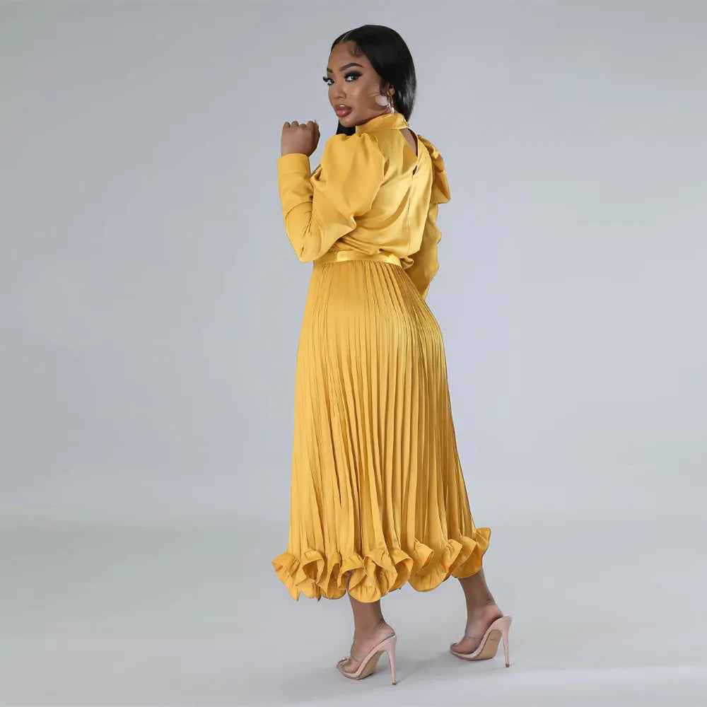 Women’s Solid Color O-Neck Lantern Sleeve Blouse + A-Line Flounce Formal Pleated Maxi Skirt w/ Sash Belt 2-Piece Set