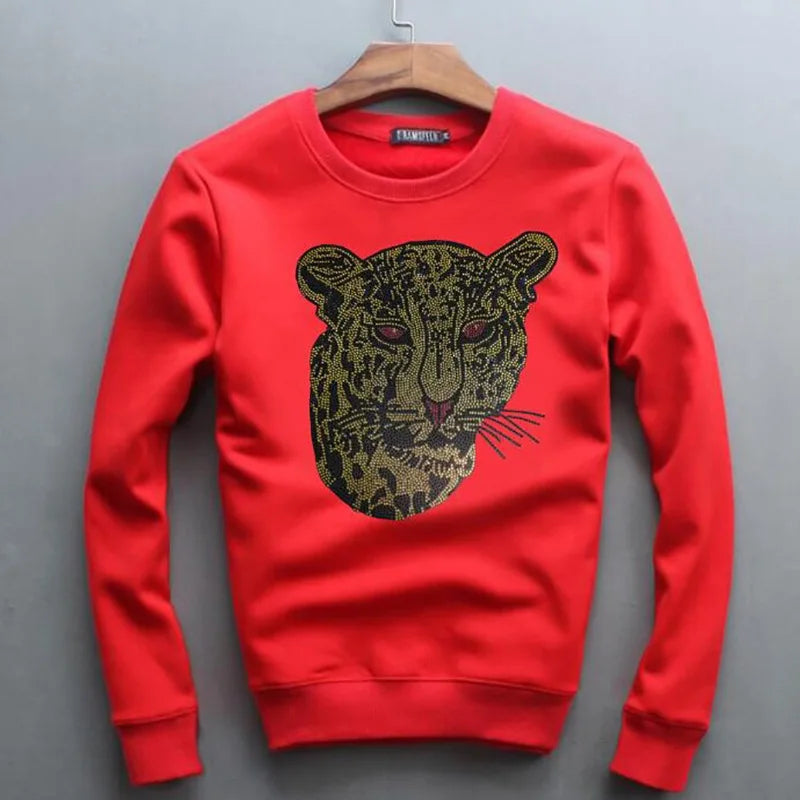 Men's Geometric Metallic Tiger Rhinestone Long Sleeve Sweatshirt