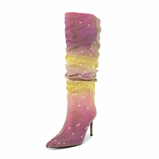 Gradient Rainbow Rhinestone Pleated Knee High Ruched Sleeve Boots