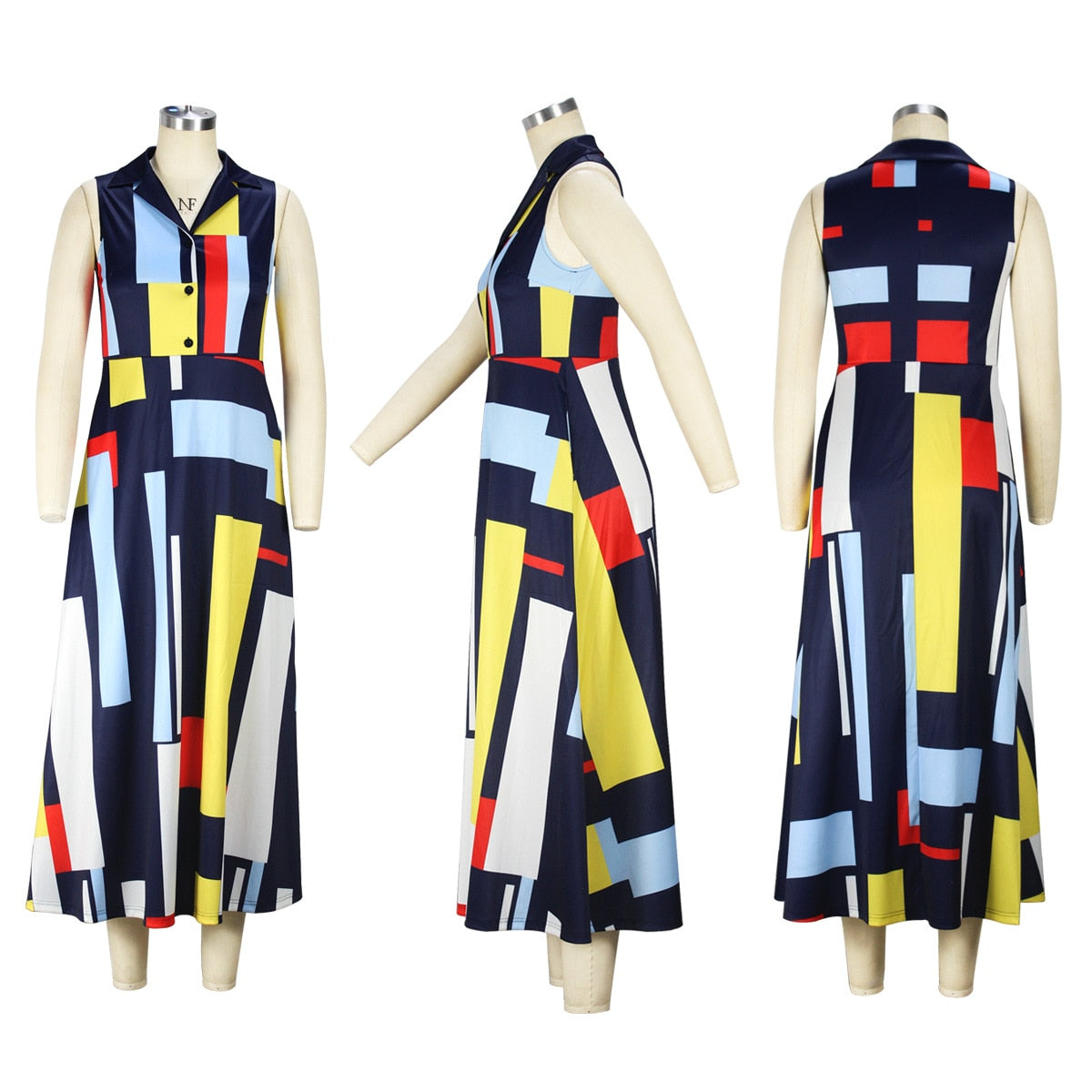 Geometric Colorblock Striped Print V-Neck Sleeveless Button Dress