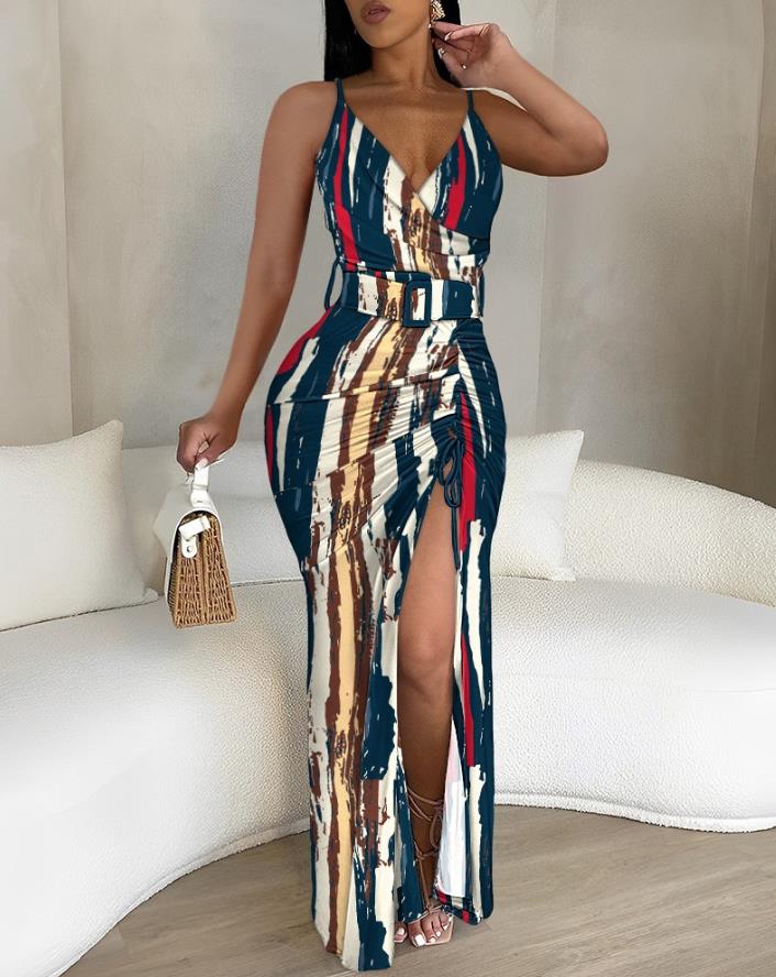 Striped/ Abstract Print V-Neck Sleeveless High Slit Drawstring Dress w/ Belt