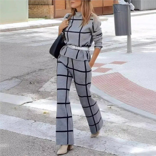 Checker Plaid Turtleneck Long Sleeve Sweater + Knitted Pants 2-Piece Set