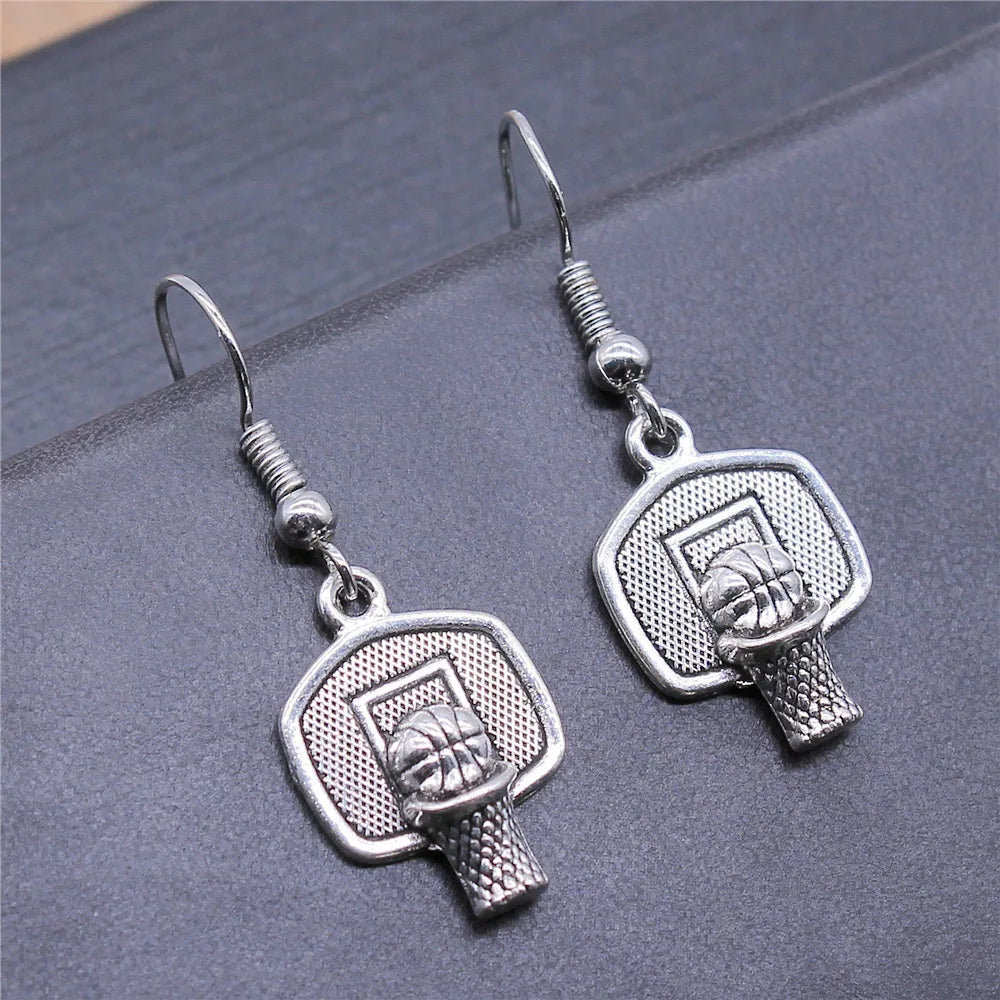 Basketball Hoop Backboard Handmade Antique Silver Pendant Hook Earrings