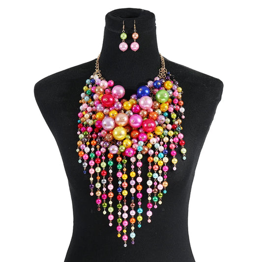 Handmade Exaggerated Multi Layer Pearl Pendant Top Beaded Tassel Necklace + Earrings 2-Piece Jewelry Set