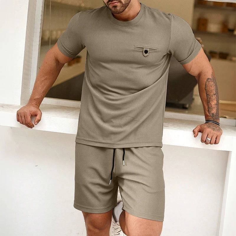 Men's Solid Color O-Neck Short Sleeve T-Shirt + Drawstring Shorts 2-Piece Set