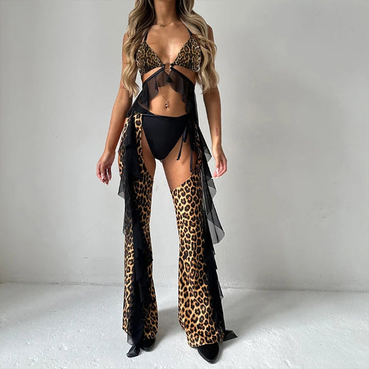 Sexy Leopard Print Mesh Transparent Ruffled Bikini Top, Bikini Bottoms, Tassel Fringe Leggings Women's 3-Piece Swimwear Set