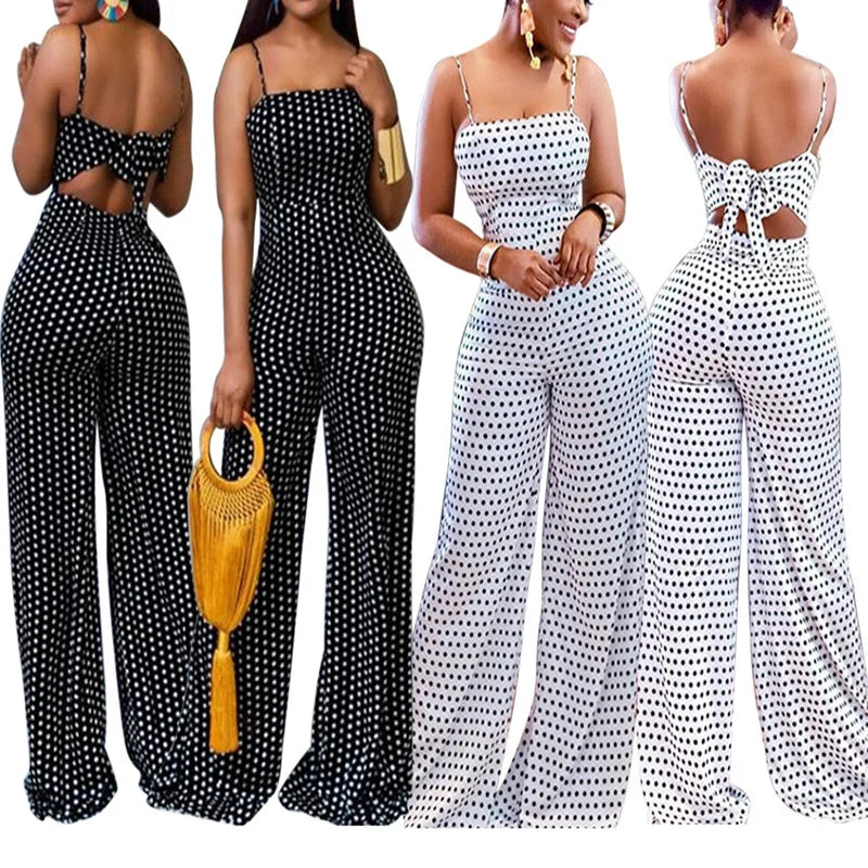 Polka Dot Square Neck Lace-Up Spaghetti Strap Backless Hollow-Out Wide Leg Jumpsuit