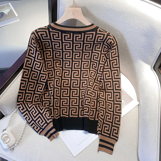 Geometric Jacquard Long Sleeve O-Neck Knitted Ladies Sweater