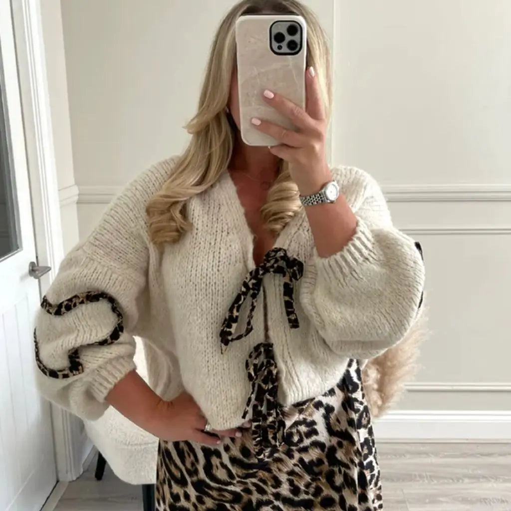 Ribbon Leopard Print Heart Design Lace-Up Women's Loose Fit Knitted Long Sleeve V-Neck Cardigan Sweater