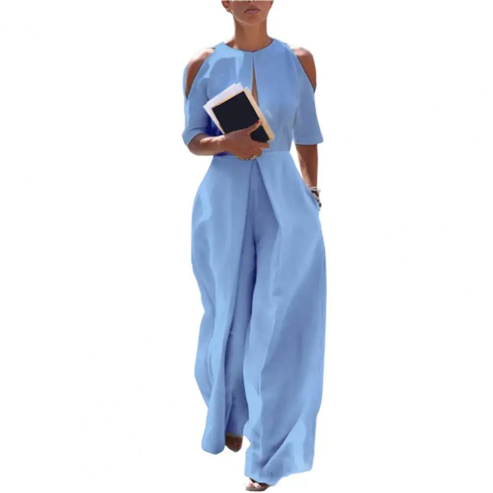 Open Slit Cold Shoulder Layered 1/2 Sleeve Hollow-Out Solid Color Women's Wide Leg Formal Party Jumpsuit