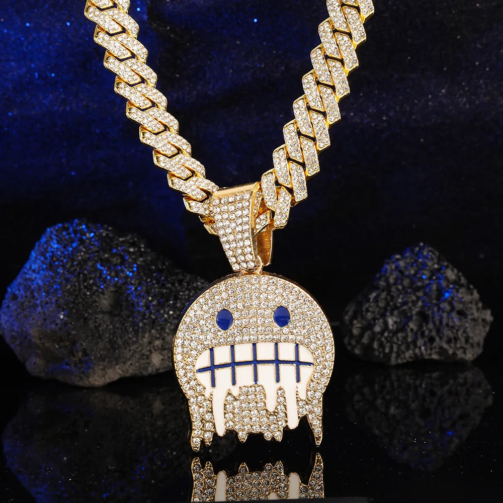 Smiley Face Pendant Cubic Zirconia Paved Hip-Hop Pendant Cuban Iced Out Bling CZ Chain