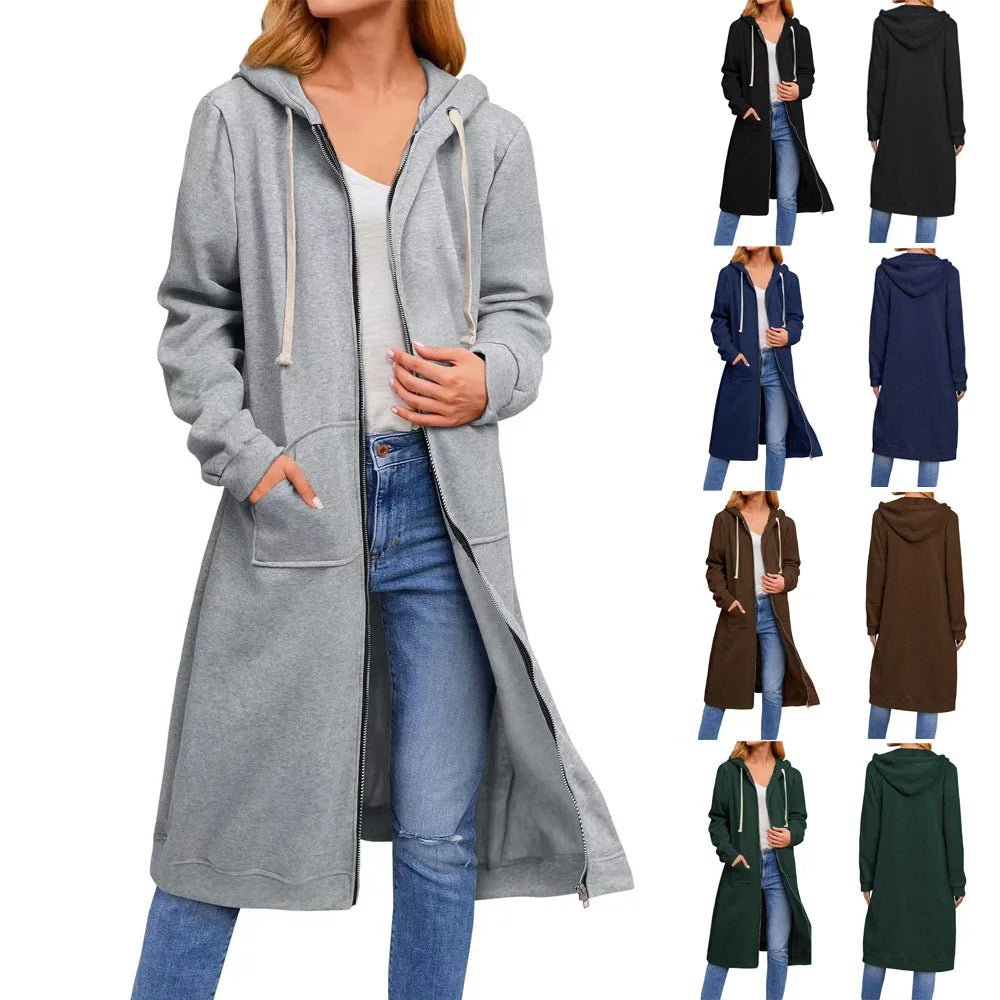 Drawstring Solid Color Women's Long Sleeve Zipper Maxi Hoodie Sweatshirt w/ Pockets