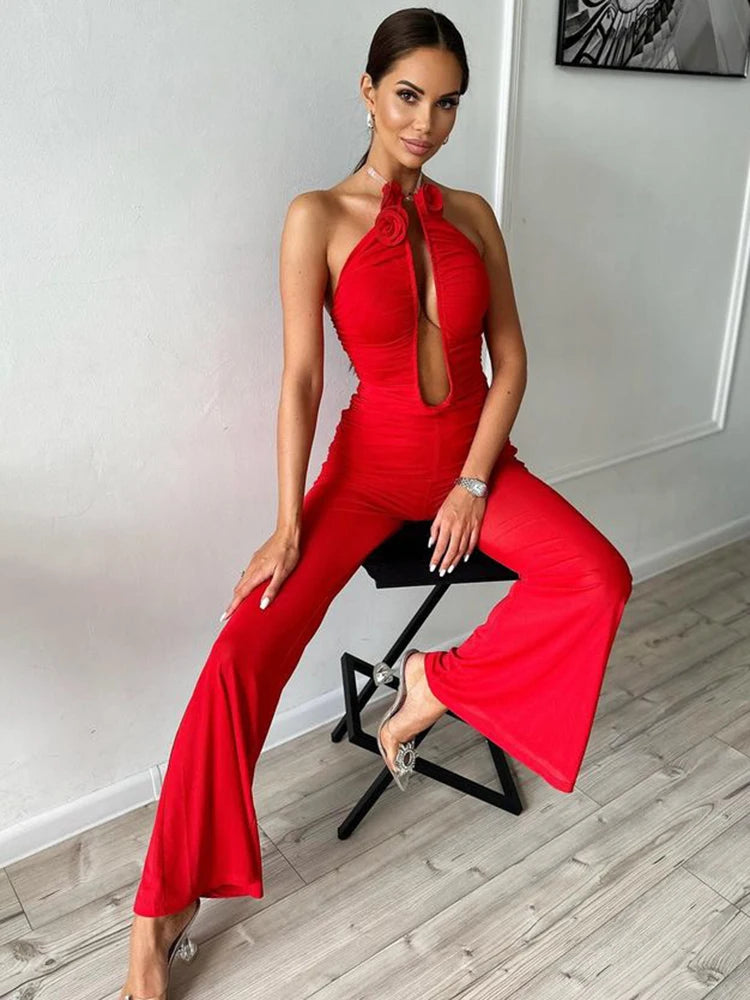Open Ruched Mesh Deep V-Neck Plunge 3D Flower Design Open Back Sleeveless Wide Leg Jumpsuit