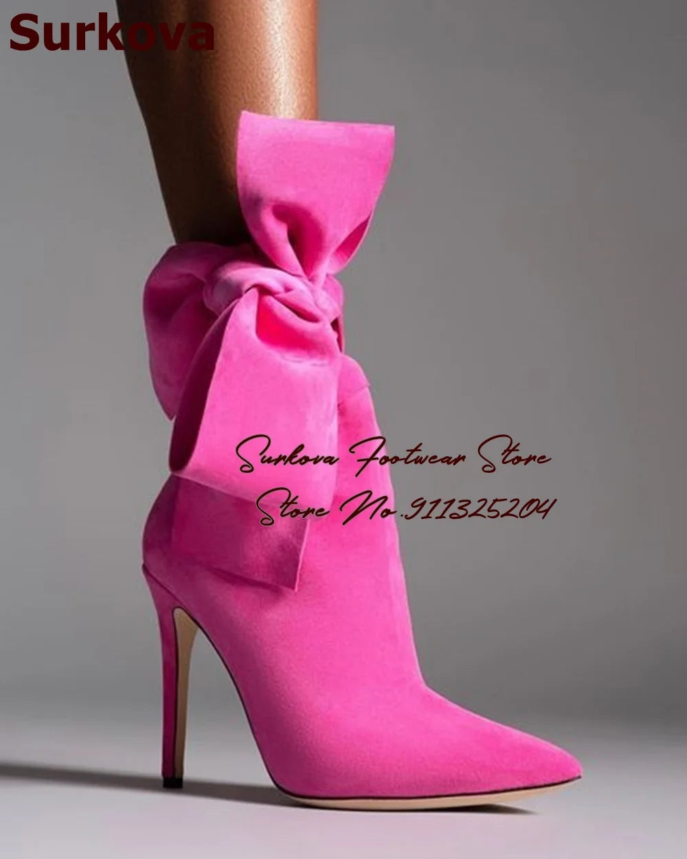 Suede Butterfly Knot Stiletto Pointed Toe Bowtie Lace-Up Ankle Boots