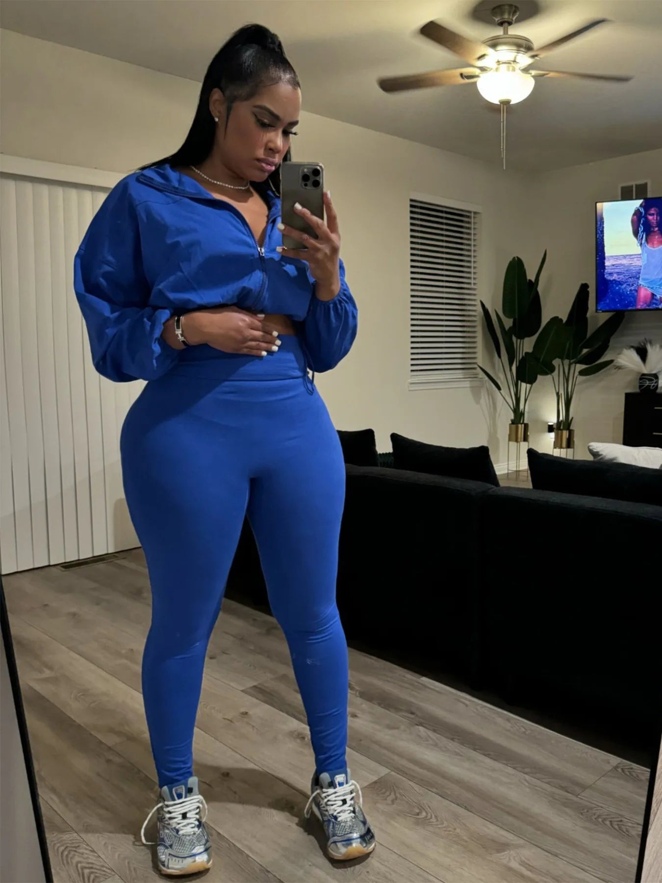 Pullover Women's Long Sleeve Drawstring Zipper Cropped Sweatshirt + Elastic Waist Leggings Tracksuit