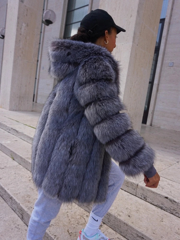 Silver Faux Fur Ladies Hooded Midi Coat to 4X