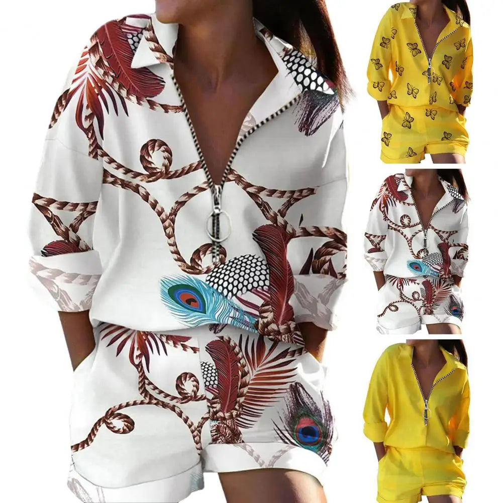 Butterfly/Feather Printed/Solid Turn-Down Collar Pullover Zipper Shirt + High Waisted Shorts 2-Piece Set