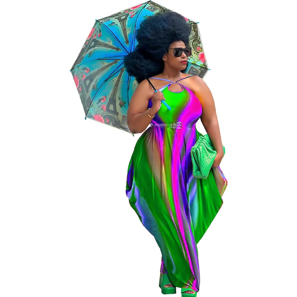 Rainbow Striped Colorblock Ruched Ruffled Sleeveless Print Harem Maxi Dress to 5X Plus Size