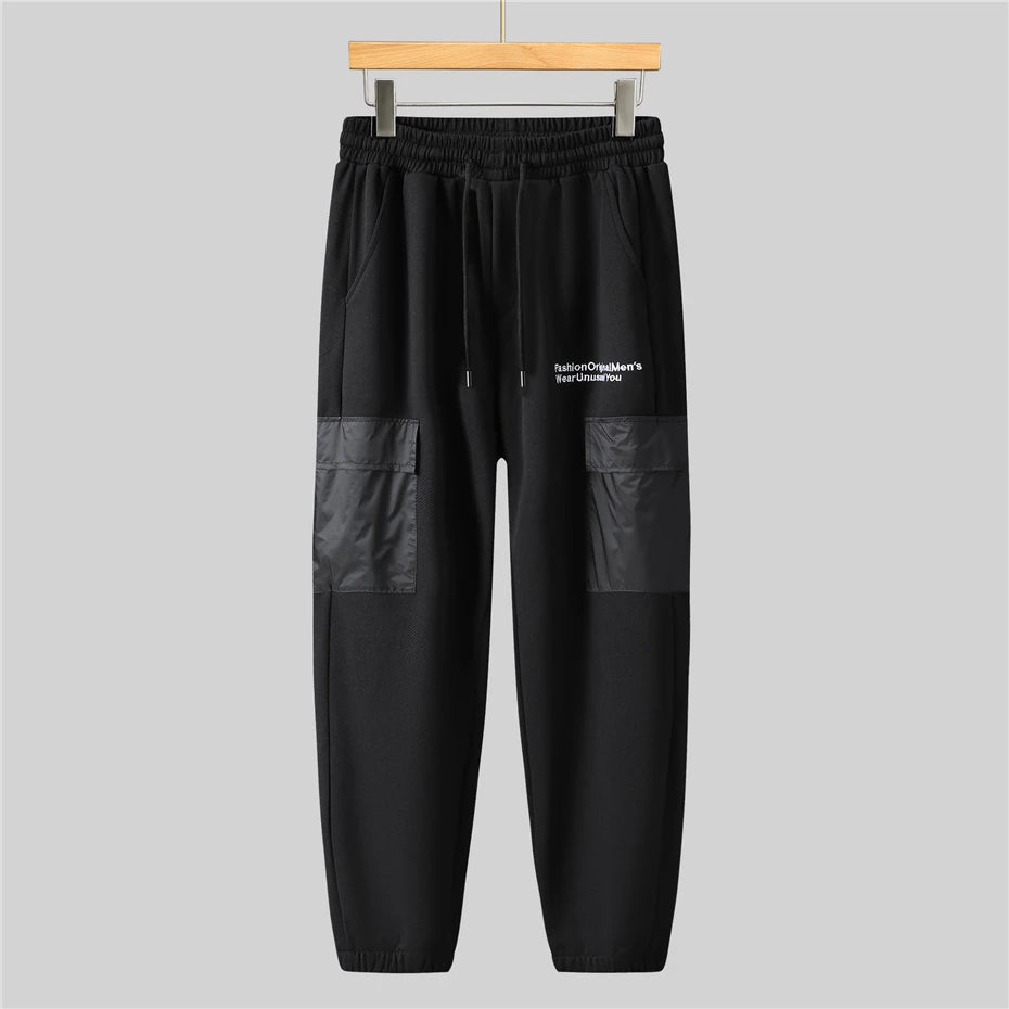 Men's Black Patchwork Pocketed Hoodie Sweatshirt + Matching Jogger Sweatpants Tracksuit