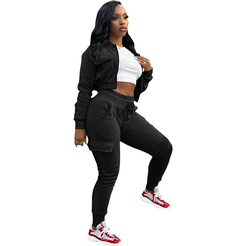 Streetwear Women's Solid Cropped Zipper Jacket + Drawstring Cargo Sweatpants Tracksuit