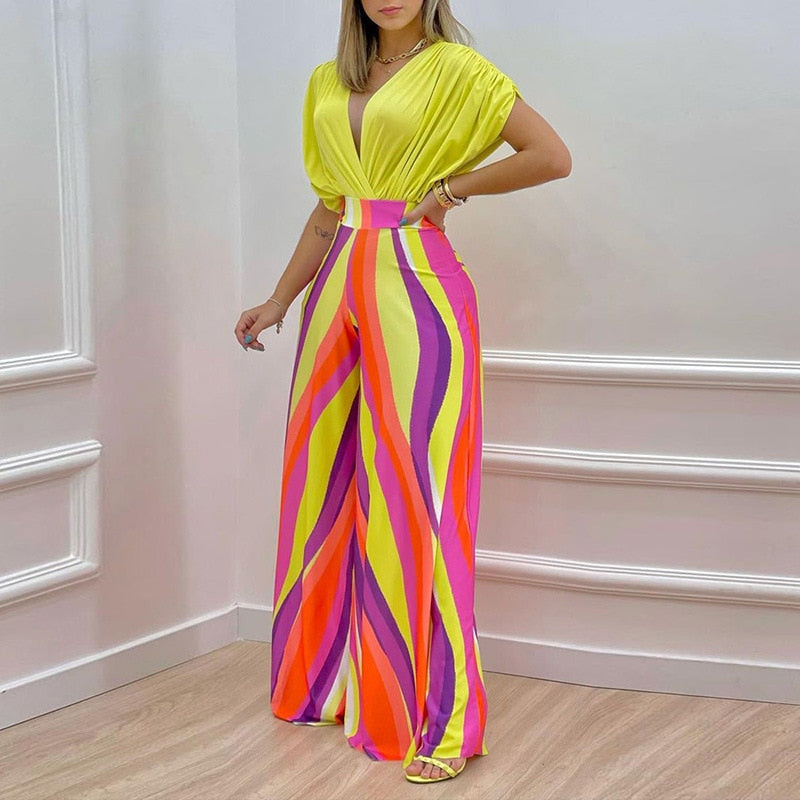 Floral V-Neck Printed Wide Leg Jumpsuit