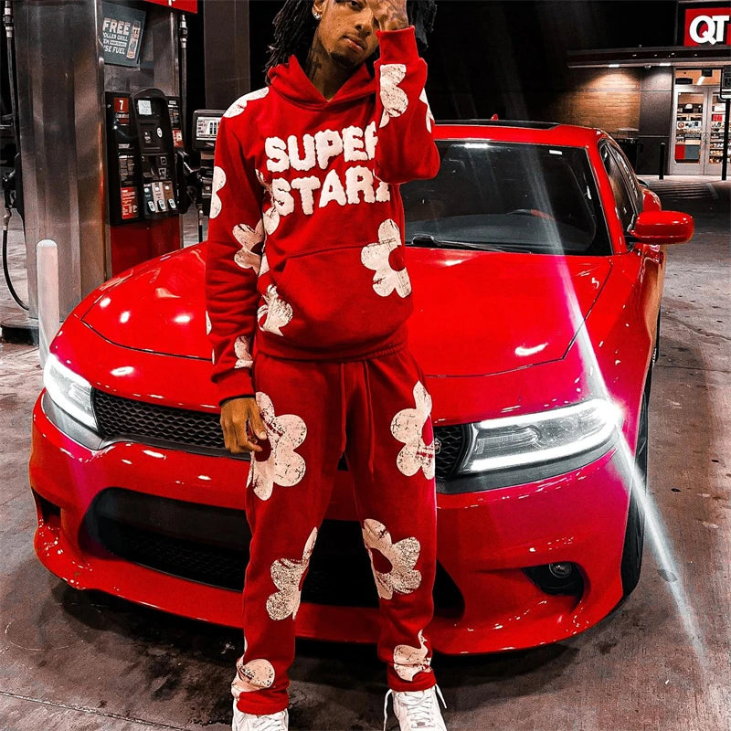 Men's "SUPERSTAR" Letter Print Big Flower Design Hoodie Sweatshirt + Drawstring Sweatants Hip-Hop Tracksuit