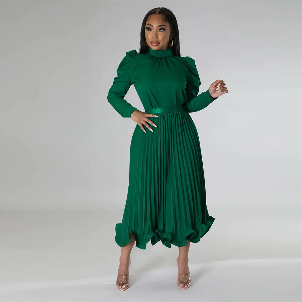 Women’s Solid Color O-Neck Lantern Sleeve Blouse + A-Line Flounce Formal Pleated Maxi Skirt w/ Sash Belt 2-Piece Set