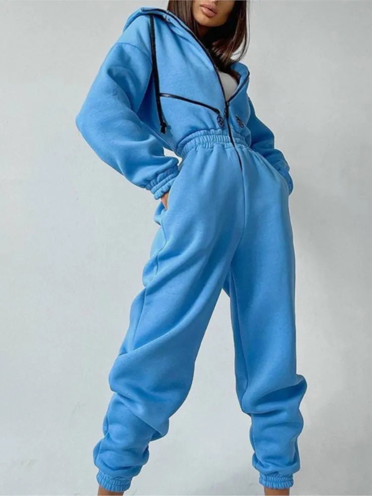 Drawstring Long Sleeve Zipper Hoodie Elastic Pencil Pant Romper