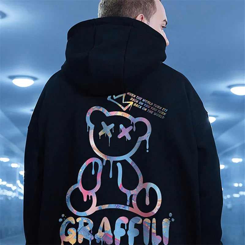 "Graffiti" Bear Print Men's Fleece Hoodie Retro Pullover Hip-Hop Hoodie Sweatshirts