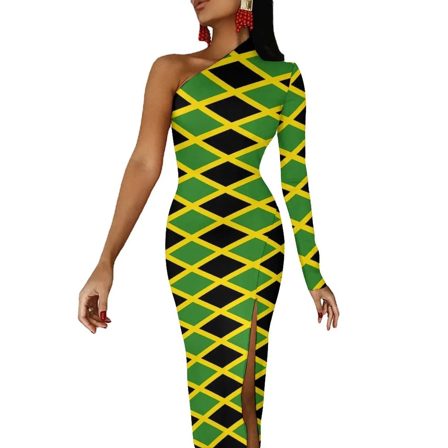 Jamaica Flag Colors Striped/Geometric/Camoflauge High Side Slit One Sleeve Streetwear Bodycon Maxi Dress