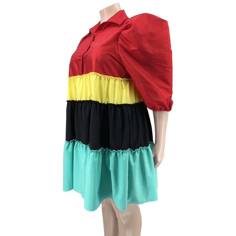 Patchwork Puff Sleeve Colorblock Spliced Turn Down Collar Ruffle Dress to 5X