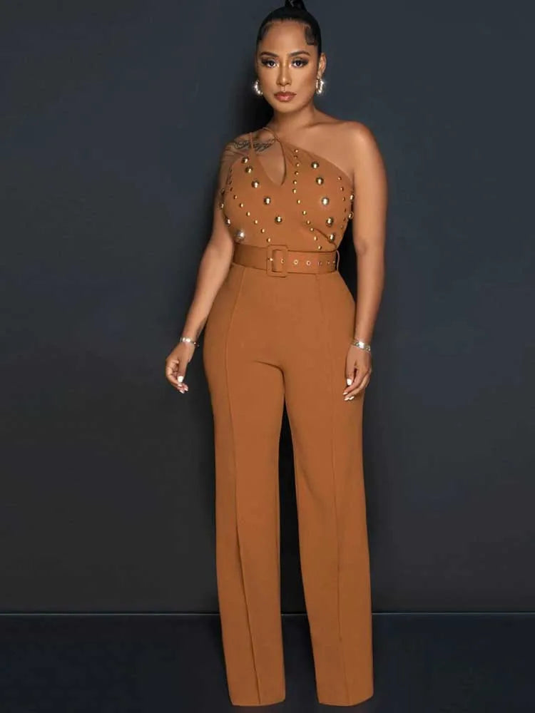 Stud Hollow-Out Design Sleeveless Asymmetrical One Shoulder Women's Backless Party Jumpsuit