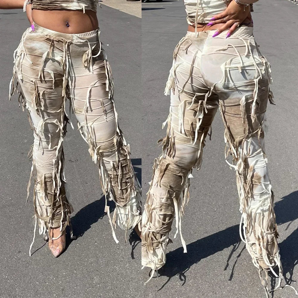 Ripped Tassel Fringe Detail Women's Streetwear Pants