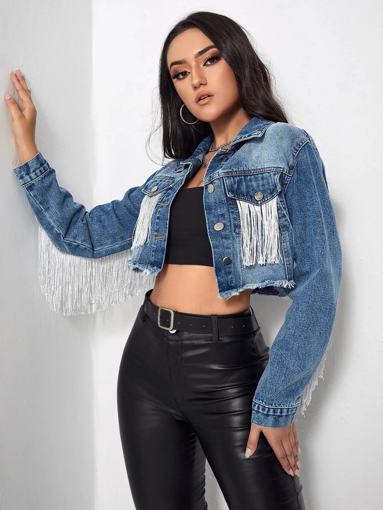 Women's Fringe Jacket Tassel Cropped Denim Jacket Raw Hem Ripped Crop Jean Jackets