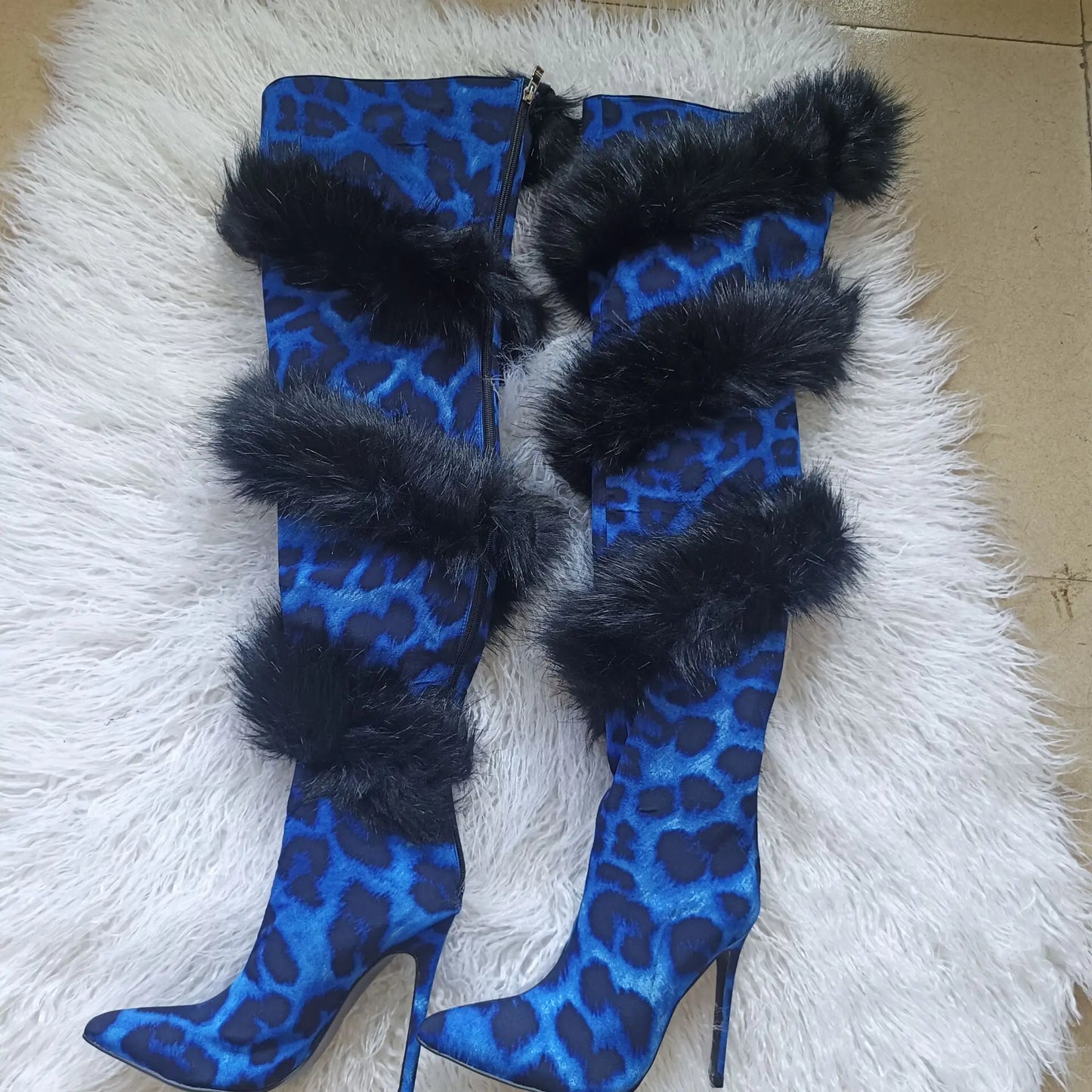 Leopard Black/Blue/Solid Spiral Faux Fur Design Spiked Stiletto Heel Over-The-Knee Women's Boots