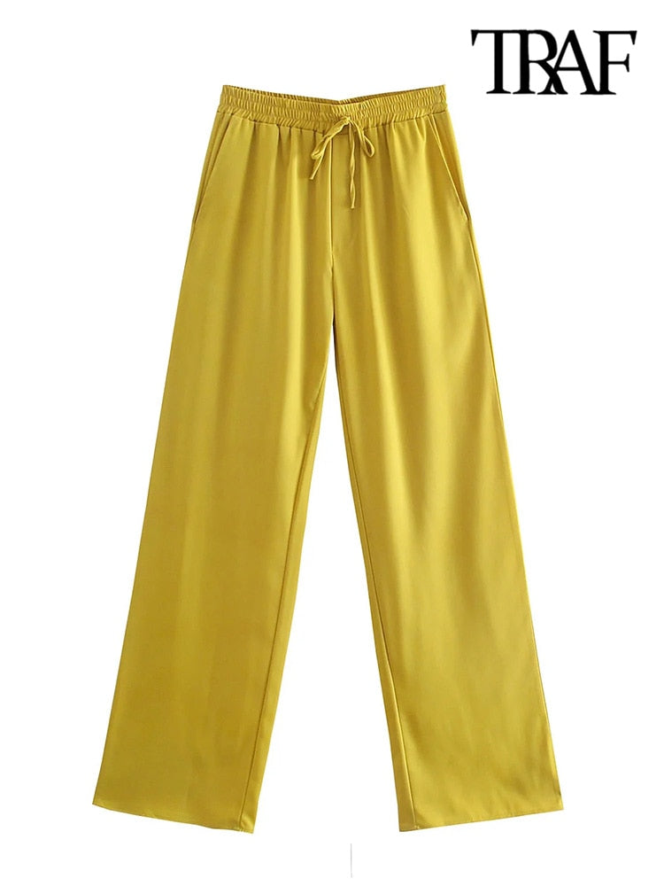 Loose Wide Leg Pants Vintage High Elastic Waist Drawstring Ladies Pants