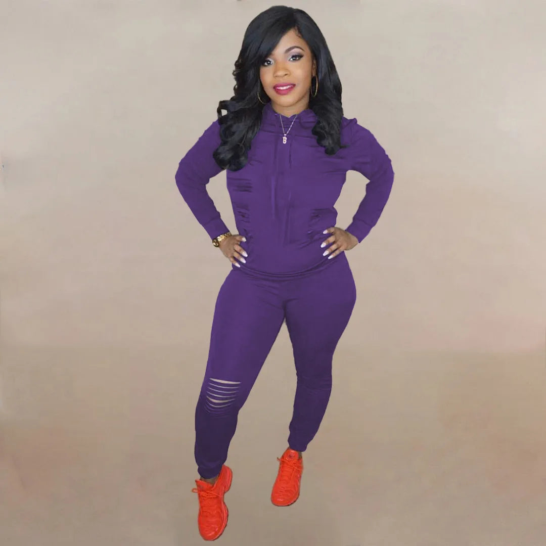 Drawstring Ripped Hollow-Out Women's Solid Color Hoodie Sweatshirt & Ripped Skinny Jogger Sweatpants Tracksuit