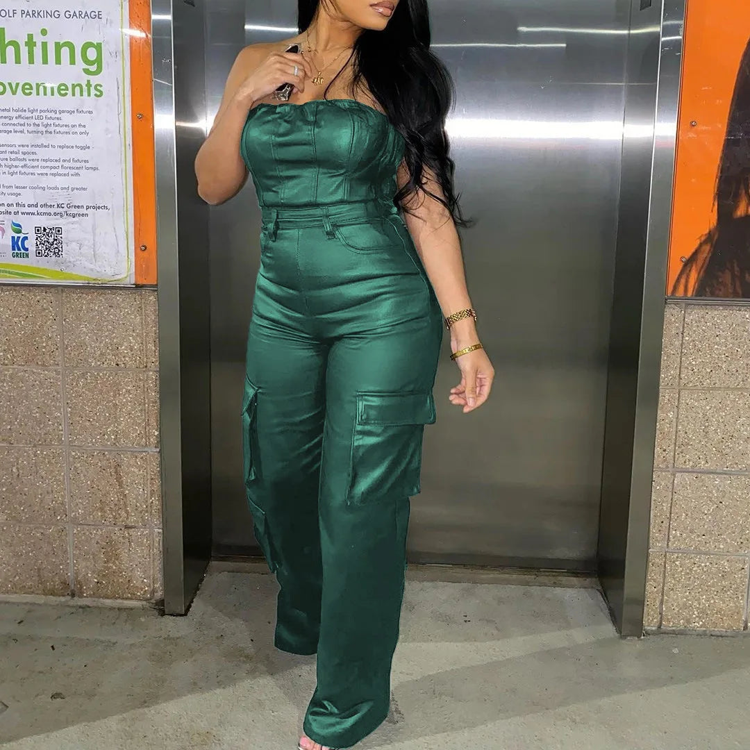 Sleeveless PU Leather Tube Top Design Solid Color Strapless Cinched Waist Women's Cargo Multi-Pocketed Jumpsuit
