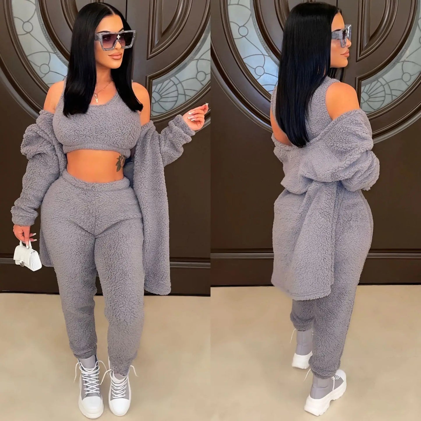 Solid Fleece Fuzzy Open Front Maxi  Cardigan Jacket, Crop Tank Top + Stretch Jogger Pants Women's 3-Piece Set