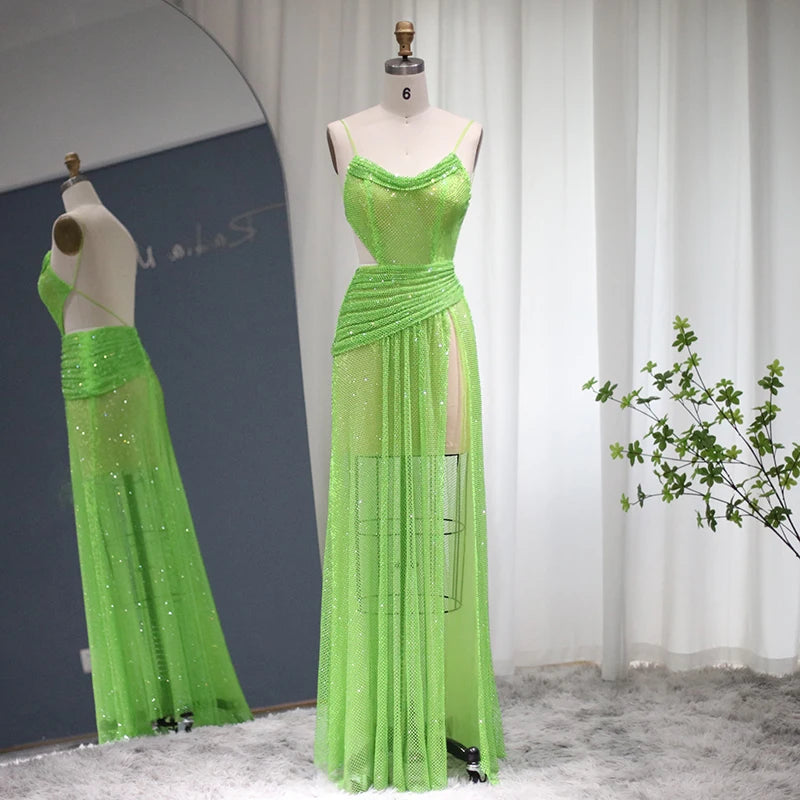 Neon Green Crystal Sheer Mesh Transparent Spaghetti Strap High Slit Mini/Maxi Party Sweep Train Dress