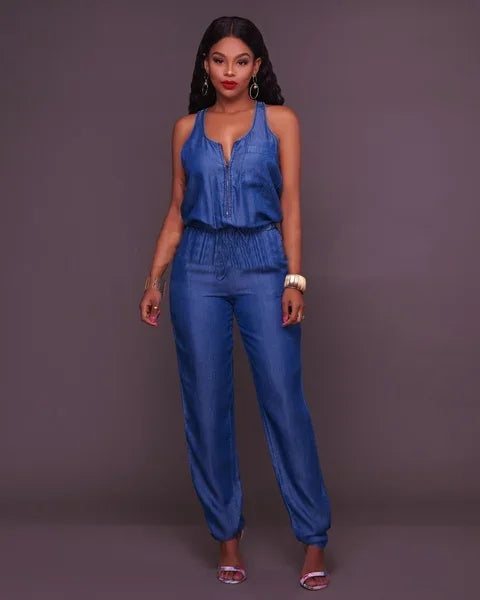 Denim Lightweight Ruched V-Neck Sleeveless Zipper Jean Jumpsuit