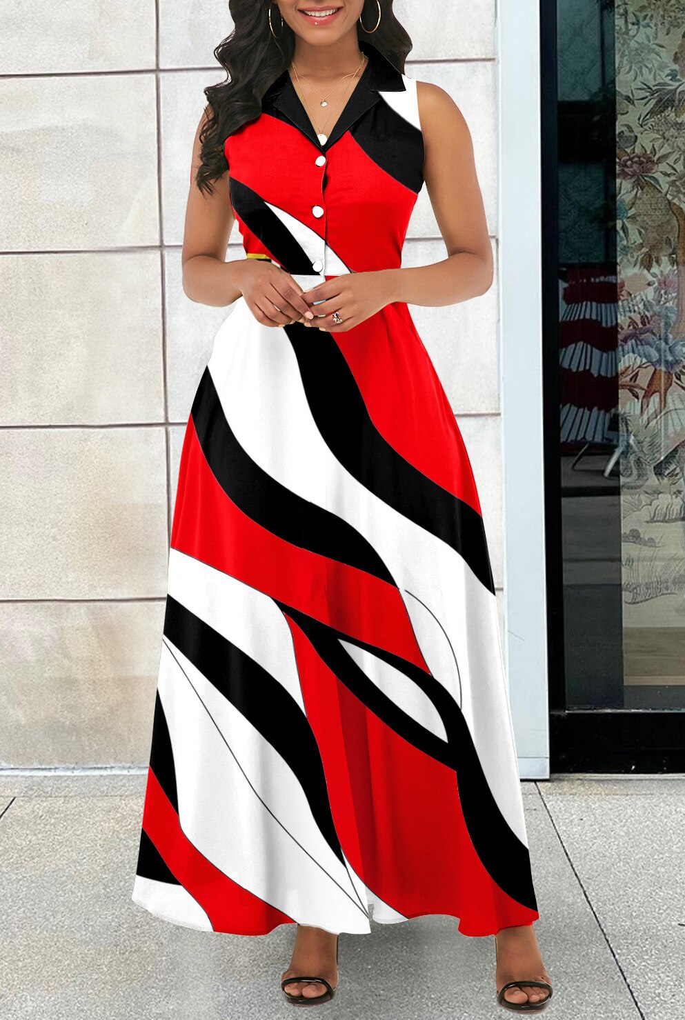 Geometric Colorblock Striped Print V-Neck Sleeveless Button Dress