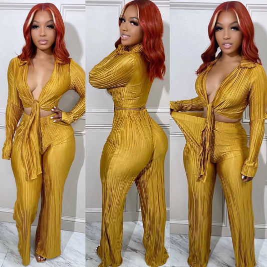 Pleated Solid Color Women's Lace-Up V-Neck Long Sleeve Crop Top + Wide Leg Pants 2-2-Piece Set