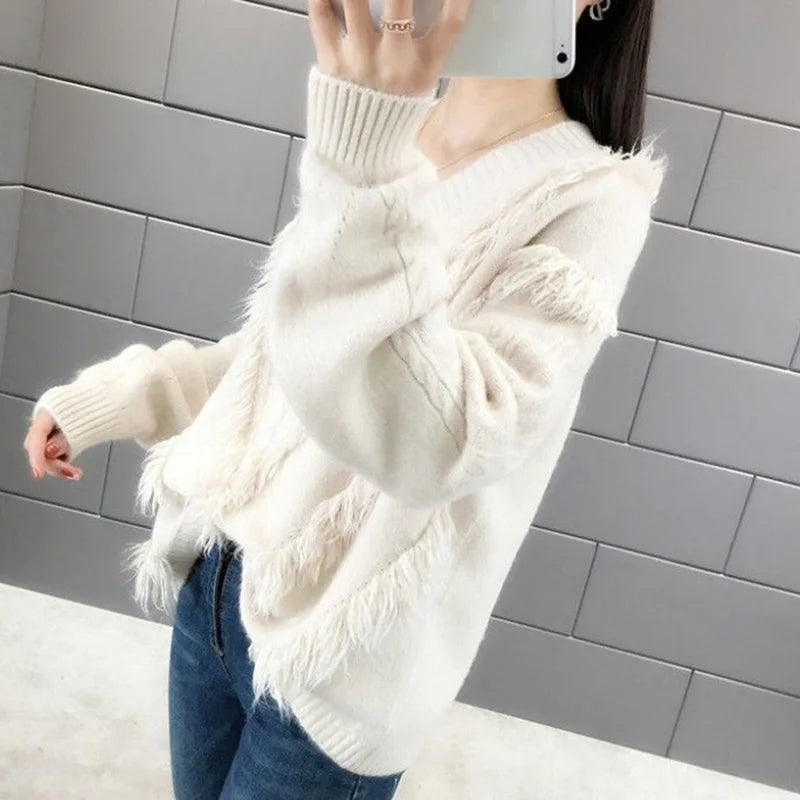 Tassel Furry Knitted Women's Lazy Long Sleeve Pullover Sweater