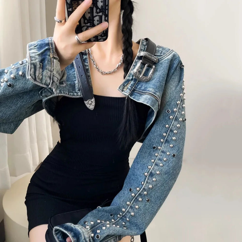 Denim Cropped Pearl Rivet Belt Vintage Women's Western Long Sleeve Cowgirl Rodeo Jean Jacket