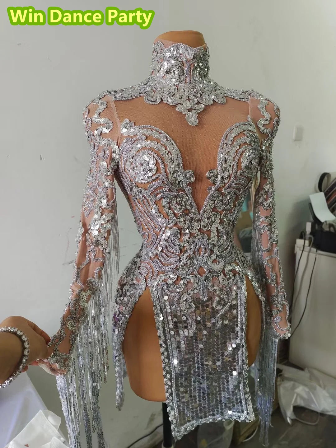 Sequin Tassel Mesh Long Sleeved High Slit Dress Performance Costume